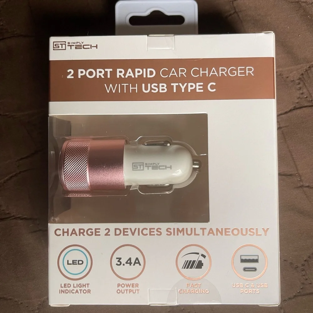 New 2 Port Rapid Car Charger With USB + USB Type C